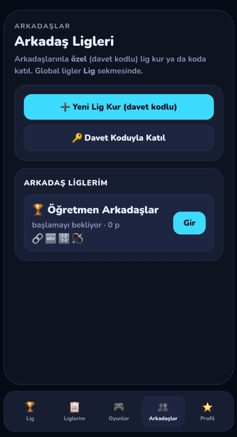 GameLig Friends günlük lig ekranında gün rotası, kalan hak ve canlı skor bilgisi